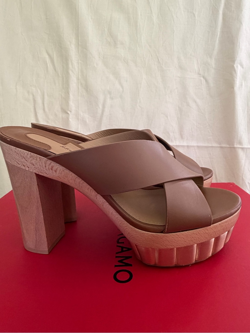 Salvatore Ferragamo Brown Leather Crisscross Slide Mules - Picture 2 of 5